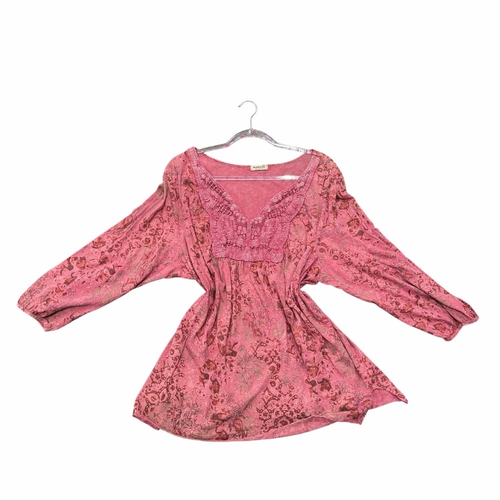 Oneworld Boho Mauve Print Crochet Bib V-Neck Tunic Top 1X